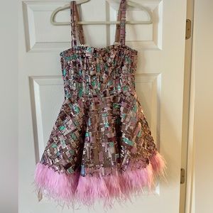 NWOT Bronx and Banco Mademoiselle Feather-Trim Sequin Bustier Mini Dress